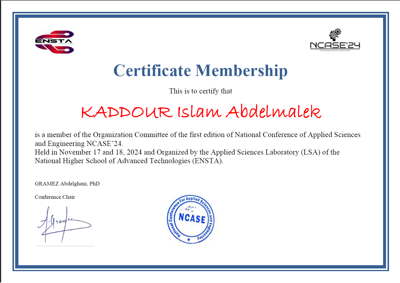 NCASE'24 Certificate of Membership — KADDOUR Islam Abdelmalek